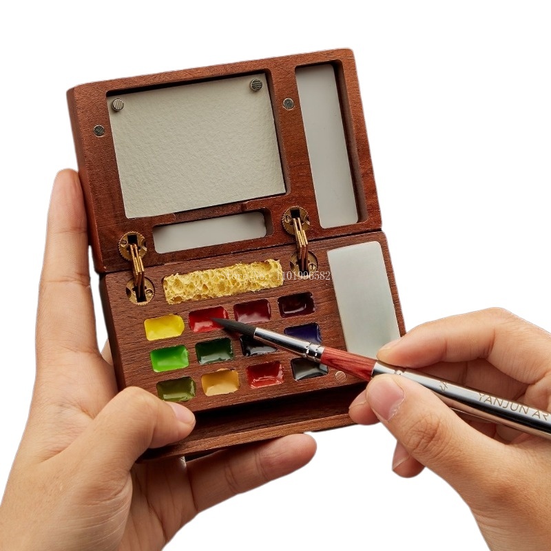 Gouache Paint Set - กล่องใส่สีสำหรับเดินทาง กล่องไม้เนื้อแข็ง พาเลทสีแบบพกพา สำหรับวาดภาพกลางแจ้ง นักเรียน นักศึกษา